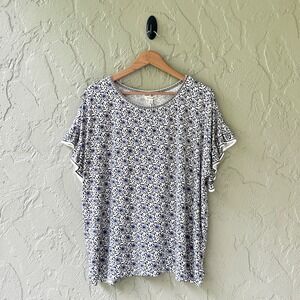 Max Studio Women's 2X Blue & White Multicolor Floral Ruffle Short Sleeve Top NWT